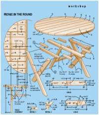 Ronde houten picknicktafel bouwtekening.